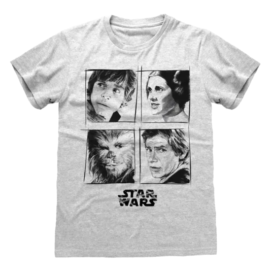 Grå T-shirt med fire sort-hvide portrætter af Luke Skywalker, Prinsesse Leia, Han Solo og Chewbacca, med Star Wars-logoet nedenunder.