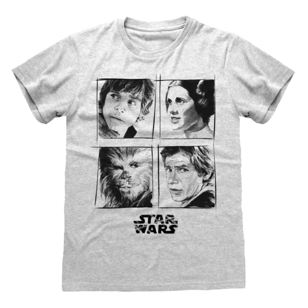 Grå T-shirt med fire sort-hvide portrætter af Luke Skywalker, Prinsesse Leia, Han Solo og Chewbacca, med Star Wars-logoet nedenunder.