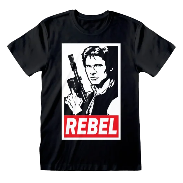 Sort T-shirt med et stiliseret sort-hvidt billede af Han Solo, der holder sin blaster, og teksten "REBEL" i rødt nedenunder