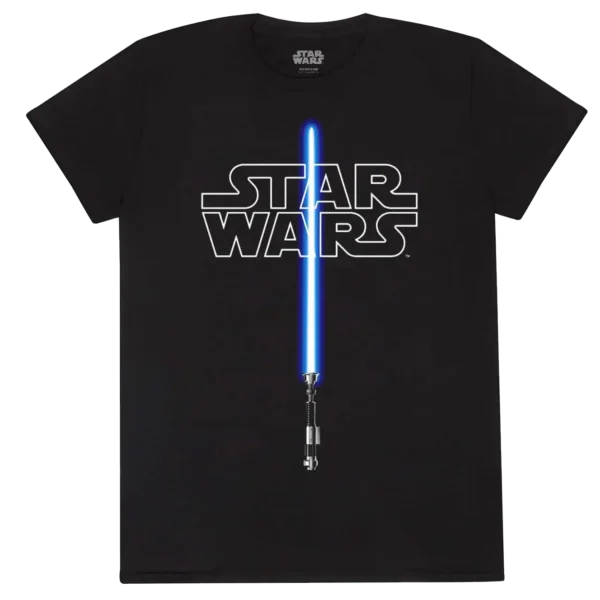 Sort T-shirt med Star Wars-logoet og et blåt lyssværd, der skærer ned gennem midten.