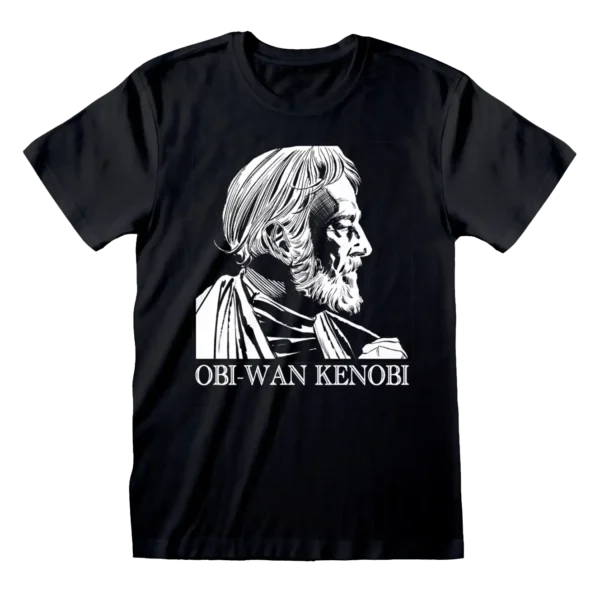 Sort T-shirt med en stilfuld hvid skitse af Obi-Wan Kenobi i profil og hans navn skrevet nedenunder