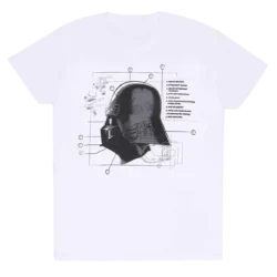 Hvid T-shirt med en blueprint-tegning af Darth Vaders hjelm, komplet med noter og tekniske detaljer.
