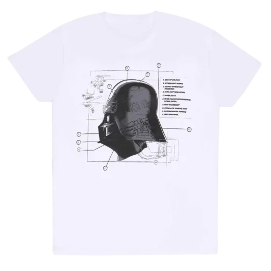 Hvid T-shirt med en blueprint-tegning af Darth Vaders hjelm, komplet med noter og tekniske detaljer.