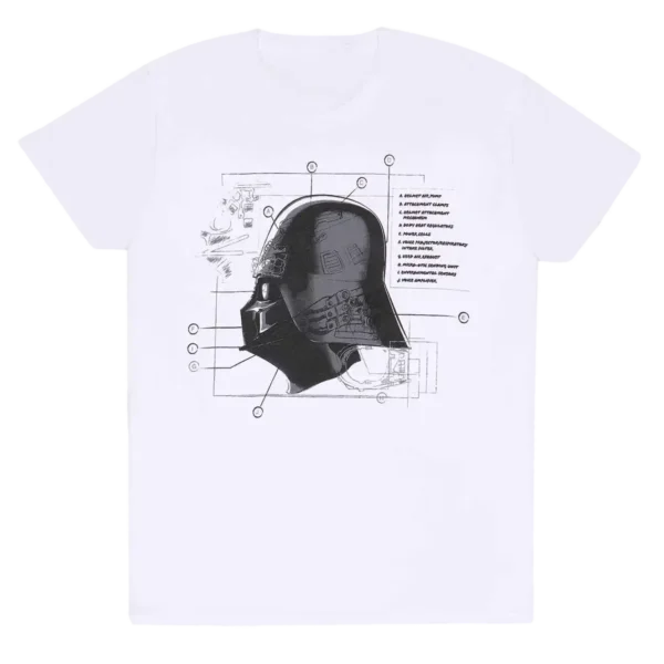 Hvid T-shirt med en blueprint-tegning af Darth Vaders hjelm, komplet med noter og tekniske detaljer.