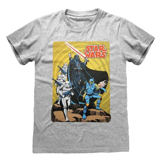 Grå T-shirt med et retro-tegneseriemotiv af Darth Vader, Stormtroopers og Boba Fett i kamp, med Star Wars-logoet øverst.