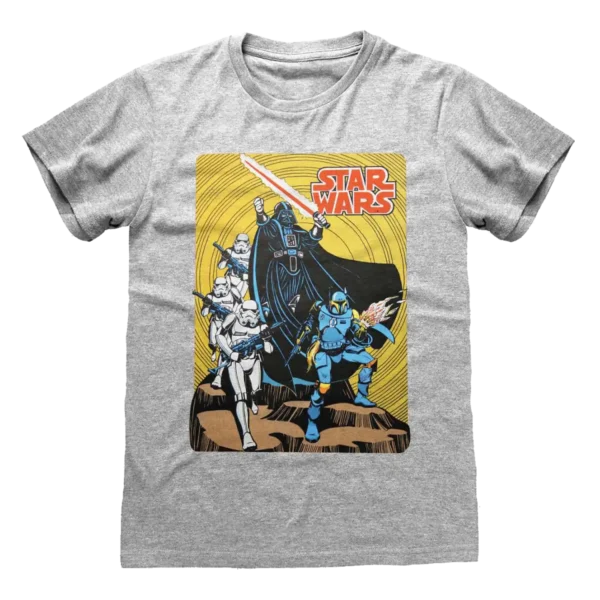 Grå T-shirt med et retro-tegneseriemotiv af Darth Vader, Stormtroopers og Boba Fett i kamp, med Star Wars-logoet øverst.