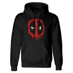 Sort hættetrøje med et rødt, splattet Deadpool-logo og hvide øjne på brystet. Trøjen har hætte med snøre og en stor forlomme.