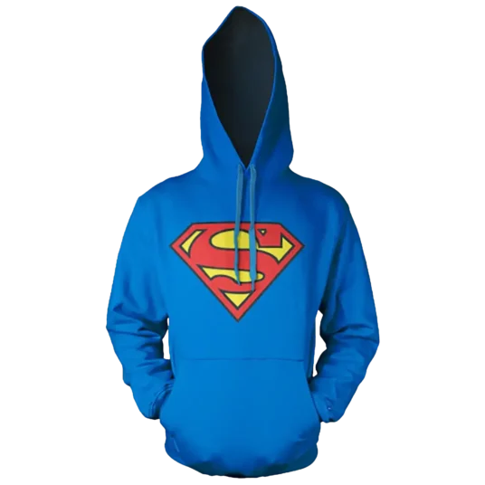 En blå hættetrøje med Superman-logoet i rød og gul på brystet. Trøjen har en rummelig kængurulomme og en justerbar hætte med snører.