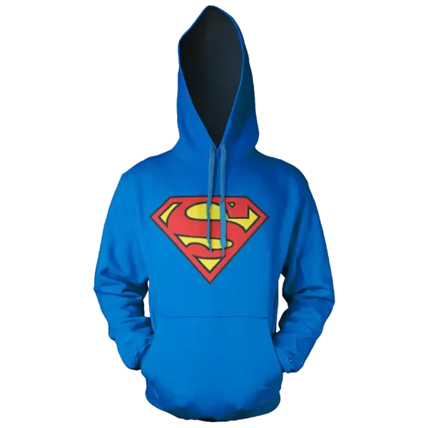 En blå hættetrøje med Superman-logoet i rød og gul på brystet. Trøjen har en rummelig kængurulomme og en justerbar hætte med snører.